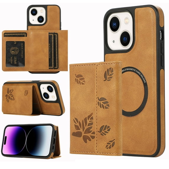 Dteck for Apple iPhone 15 Plus Detachable Wallet Case, Shockproof Embossed with Card Holders for Women Men Magnetic PU Leather RFID Blocking Flip Kickstand Cover, brown