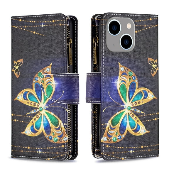 Dteck for Apple iPhone 15 Plus Handbag Pocket Case, Magnetic Patterned Leather Zipper Card Holder Wallet Flip Phone Case Kickstand Shockproof with Hand Strap Cover, Big Butterfly