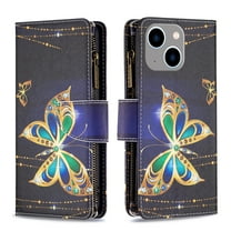 Dteck for Apple iPhone 15 Plus Handbag Pocket Case, Magnetic Patterned Leather Zipper Card Holder Wallet Flip Phone Case Kickstand Shockproof with Hand Strap Cover, Big Butterfly