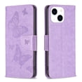 thumbnail image 1 of Dteck for Apple iPhone 15 Plus Wallet Case, Shockproof PU Leather Folio Butterfly Floral Embossed Holster Silicone Bumper with Card Holder Kickstand Magnetic Closure Lanyard for Women Girl, violet, 1 of 5