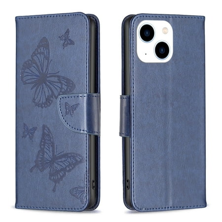 Dteck for Apple iPhone 15 Plus Wallet Case, Shockproof PU Leather Folio Butterfly Floral Embossed Holster Silicone Bumper with Card Holder Kickstand Magnetic Closure Lanyard for Women Girl, blue