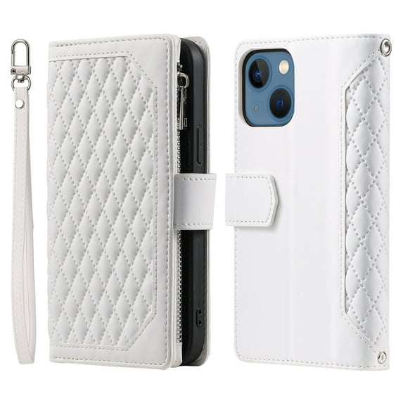 Dteck for Apple iPhone 15 Plus Wallet for Women Men Case, Wallet with Card Holder Zipper Pocket PU Leather Kickstand Wrist Strap Magnetic Flip Leather Shockpoof Silicone Full Cover Case,White