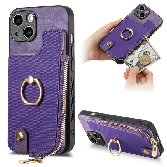 Dteck for Apple iPhone 15 Plus Zipper Wallet Case, Shockproof with Card Holders Flip Premium PU Leather Card Slots with 360°Rotation Ring Stand Protective Phone Cover, purple