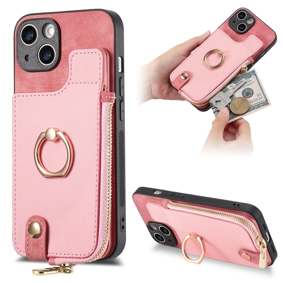 Dteck for Apple iPhone 15 Plus Zipper Wallet Case, Shockproof with Card Holders Flip Premium PU Leather Card Slots with 360°Rotation Ring Stand Protective Phone Cover, pink