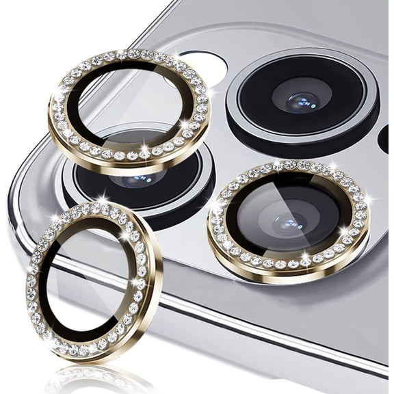 Dteck for Apple iPhone 15 Pro 3D Bling Diamond Ring Les Cover, Shockproof Drop Protection 9H Tempered Glass Camera Cover Metal Ring Case Friendly Scratch Resistant Camera Lens Protector, gold