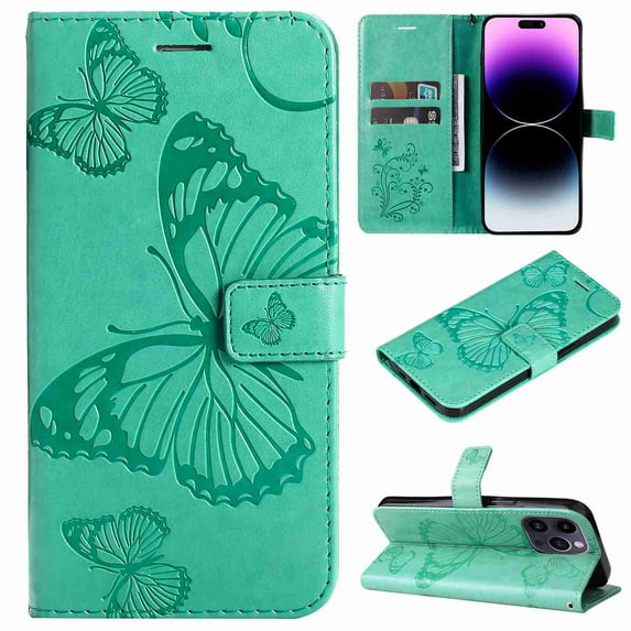 Dteck for Apple iPhone 15 Pro with Card Holder, Shockproof Magnetic Wallet Card Pocket PU Leather Kickstand Women Men Embossed Butterfly Wrist Strap Flip Folio Case, green