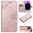 thumbnail image 1 of Dteck for Apple iPhone 15 Pro with Card Holder, Shockproof Magnetic Wallet Card Pocket PU Leather Kickstand Women Men Embossed Butterfly Wrist Strap Flip Folio Case, rosegold, 1 of 1