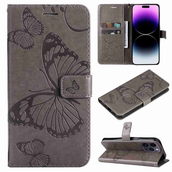 Dteck for Apple iPhone 15 Pro with Card Holder, Shockproof Magnetic Wallet Card Pocket PU Leather Kickstand Women Men Embossed Butterfly Wrist Strap Flip Folio Case, gray