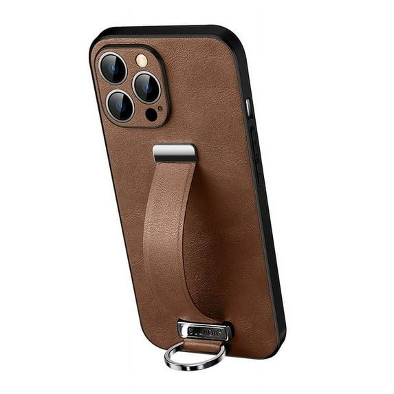 Dteck for Apple iPhone 15 Pro Case with Hand Strap Holder, Shockproof Premium PU Leather Slim Flip Protective Case Adjustable Wristband Stand Ring Cover, brown