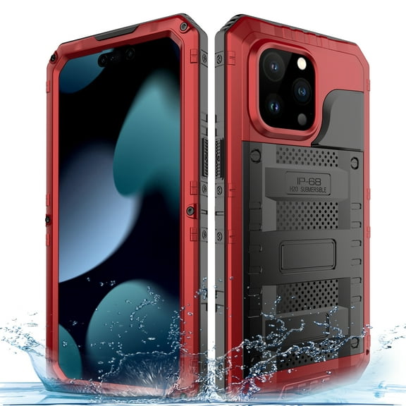 Dteck for Apple iPhone 15 Pro Case, IP68 Waterproof Heavy Duty Metal Bumper Phone Case with Built-in Screen Protector, Full Body Protective Military Grade Shockproof Heavy Duty Rugged Cover,Red