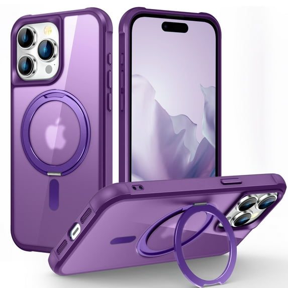 Dteck for Apple iPhone 15 Pro with Magnetic Invisible Stand Military Drop Protection Case, Shockproof Compatible with MagSafe Slim Rugged Matte Ring Holder Holder Phone Case for Men Women, purple