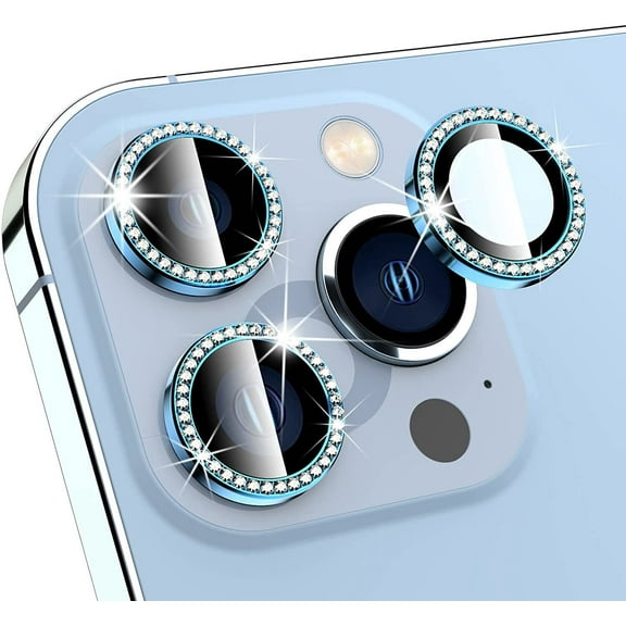 Dteck for Apple iPhone 15 Pro Max 3D Bling Diamond Ring Les Cover, Shockproof Drop Protection 9H Tempered Glass Camera Cover Metal Ring Case Friendly Scratch Resistant Camera Lens Protector, blue