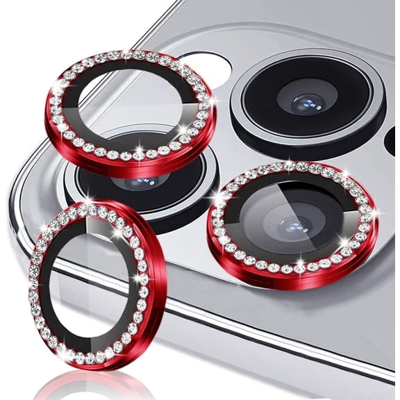 Dteck for Apple iPhone 15 Pro Max 3D Bling Diamond Ring Les Cover, Shockproof Drop Protection 9H Tempered Glass Camera Cover Metal Ring Case Friendly Scratch Resistant Camera Lens Protector, red