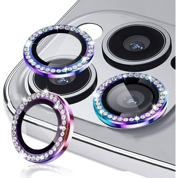 Dteck for Apple iPhone 15 Pro Max 3D Bling Diamond Ring Les Cover, Shockproof Drop Protection 9H Tempered Glass Camera Cover Metal Ring Case Friendly Scratch Resistant Camera Lens Protector, colorful