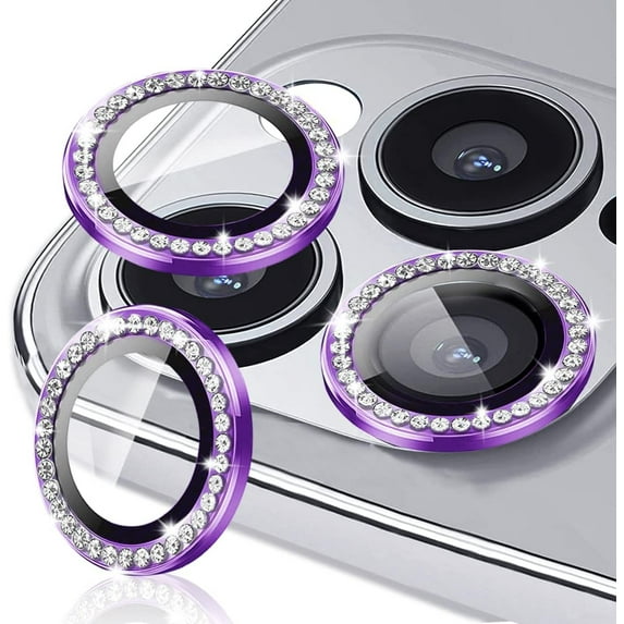Dteck for Apple iPhone 15 Pro Max 3D Bling Diamond Ring Les Cover, Shockproof Drop Protection 9H Tempered Glass Camera Cover Metal Ring Case Friendly Scratch Resistant Camera Lens Protector, purple