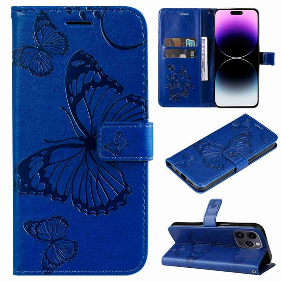 Dteck for Apple iPhone 15 Pro Max with Card Holder, Shockproof Magnetic Wallet Card Pocket PU Leather Kickstand Women Men Embossed Butterfly Wrist Strap Flip Folio Case, blue