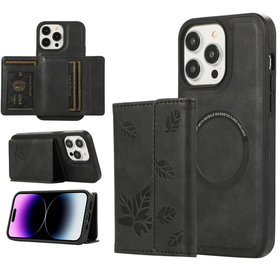 Dteck for Apple iPhone 15 Pro Max Detachable Wallet Case, Shockproof Embossed with Card Holders for Women Men Magnetic PU Leather RFID Blocking Flip Kickstand Cover, black