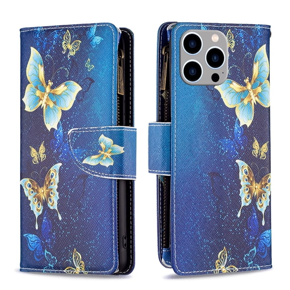 Dteck for Apple iPhone 15 Pro Max Handbag Pocket Case, Magnetic Patterned Leather Zipper Card Holder Wallet Flip Phone Case Kickstand Shockproof with Hand Strap Cover, Gold Butterfly