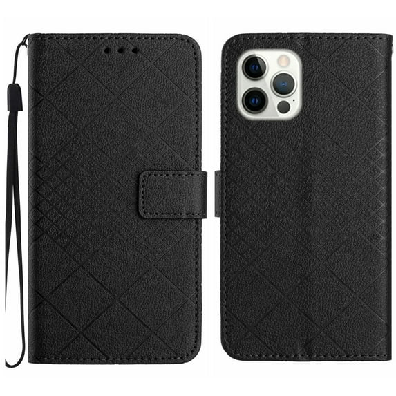 Dteck for Apple iPhone 15 Pro Max Magnetic Case, Premium PU Leather Folio Flip Wallet Case with Card Holder Cash Slot Lanyard Strap Kickstand Function Embossed Pattern Slim Shockproof Cover, black