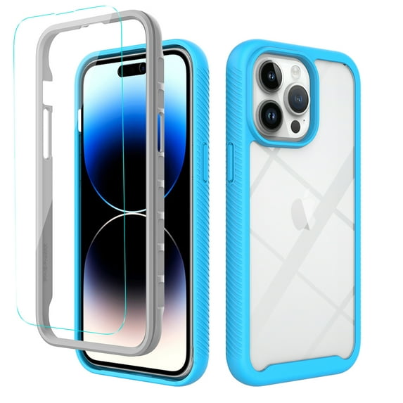 Dteck for Apple iPhone 15 Pro Max Shockproof Case, Military Grade Drop Tested Translucent with Screen Protector, Slim Protective Matte Hard Clear Back & Soft Edge Cover Phone Case, Blue