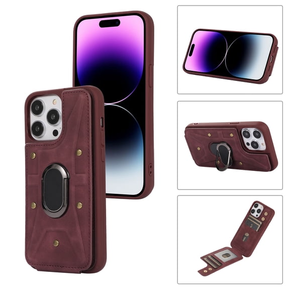 Dteck for Apple iPhone 15 Pro Max Wallet Case, Shockproof Heavy Duty Flip PU Leather Ring Kickstand Card Holder Anti-Scratch Soft Protective Cover, winered
