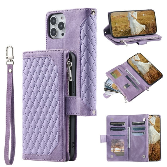 Dteck for Apple iPhone 15 Pro Max Wallet for Women Men Case, Wallet with Card Holder Zipper Pocket PU Leather Kickstand Wrist Strap Magnetic Flip Leather Shockpoof Silicone Full Cover Case,Purple