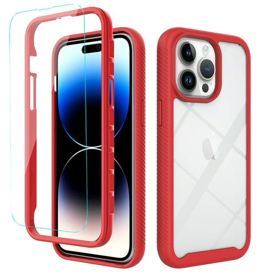 Dteck for Apple iPhone 15 Pro Shockproof Case, Military Grade Drop Tested Translucent with Screen Protector, Slim Protective Matte Hard Clear Back & Soft Edge Cover Phone Case, Red
