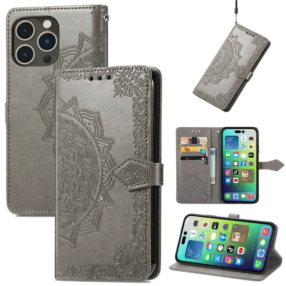 Dteck for Apple iPhone 15 Pro Wallet Case with Card Holder,Shockproof PU Leather Kickstand Card Slots Case,Embossed Floral Cover with Hand Strap for iPhone 15 Pro,Gray