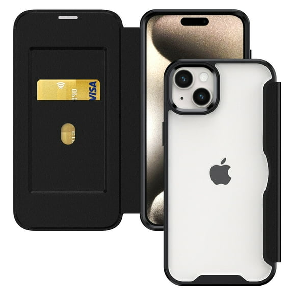 Dteck for Apple iPhone 15 Slim Clear Back Case, Luxury Shockproof Crystal Slim Thin PU Leather Folio Flip Case with Card Slot and Clear Soft TPU Back Cover, brown