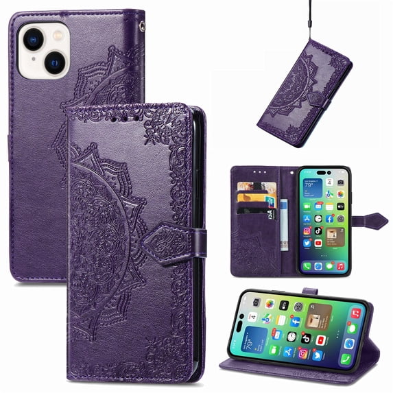 Dteck for Apple iPhone 15 Wallet Case with Card Holder,Shockproof PU Leather Kickstand Card Slots Case,Embossed Floral Cover with Hand Strap for iPhone 15,Purple