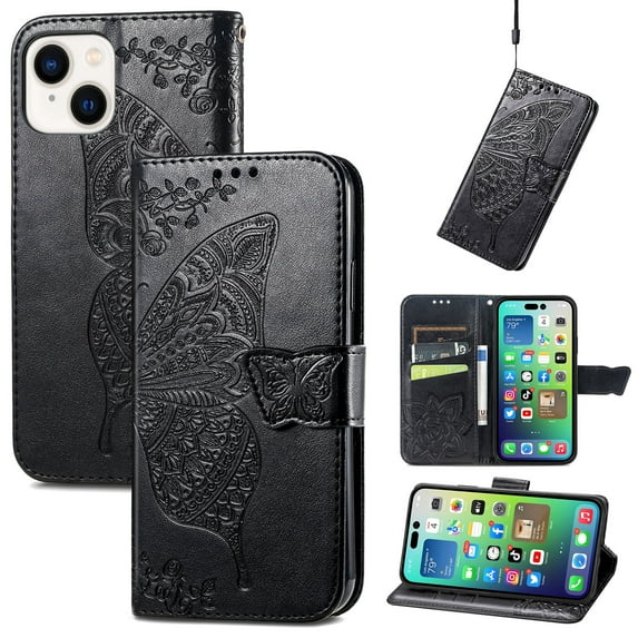 Dteck for Apple iPhone 15 Wallet Case with Credit Card Holder and Phone Grip, Magnetic Butterfly Embossed PU Leather Kickstand Protective Wrist Strap Cover
for Men Women, Black