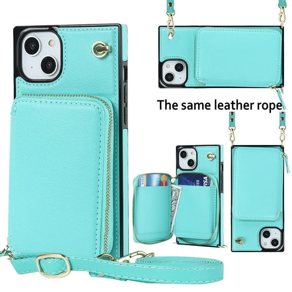 Dteck for Apple iPhone 15 Wallet Pocket Case, Shockproof RFID Blocking PU Leather Zipper Handbag Purse Flip Cover, Kickstand Folio Case with Card Slots Holder Wrist Strap Lanyard 5G, mint