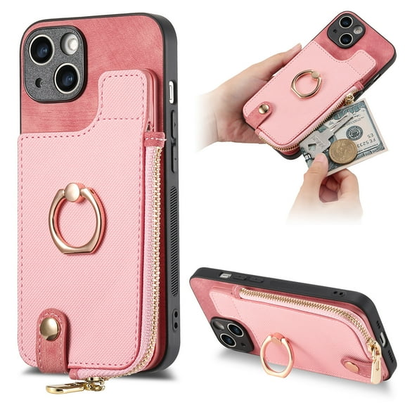 Dteck for Apple iPhone 15 Zipper Wallet Case, Shockproof with Card Holders Flip Premium PU Leather Card Slots with 360°Rotation Ring Stand Protective Phone Cover, pink