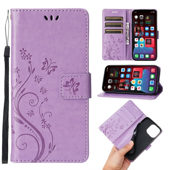Dteck for Apple iPhone 16 Case, Magnetic Closure Wallet RFID Blocking Premium Leather with Card Slots Stand Folio Flip Emboss Wrist Strap Cover for iPhone 16 5G (2024),Lightpurple