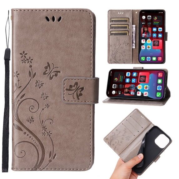 Dteck for Apple iPhone 16 Plus Case, Magnetic Closure Wallet RFID Blocking Premium Leather with Card Slots Stand Folio Flip Emboss Wrist Strap Cover for iPhone 16 Plus 5G (2024),Gray