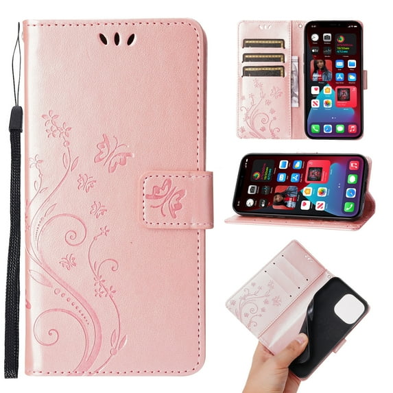 Dteck for Apple iPhone 16 Pro Case, Magnetic Closure Wallet RFID Blocking Premium Leather with Card Slots Stand Folio Flip Emboss Wrist Strap Cover for iPhone 16 Pro 5G (2024), Rosegold