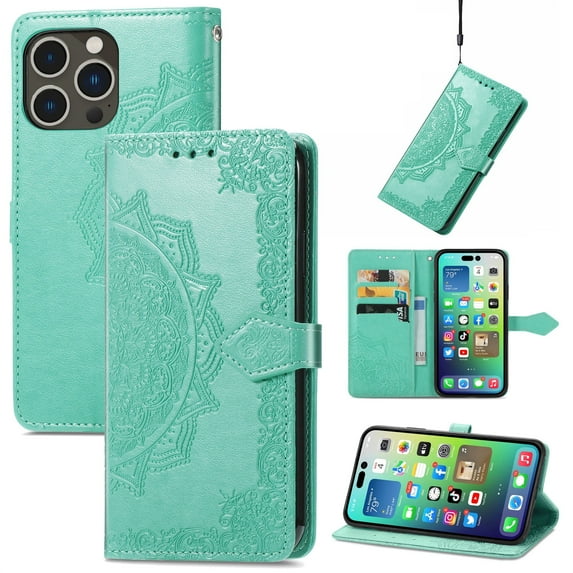 Dteck for Apple iPhone 16 Pro Max Wallet Case with Card Holder,Shockproof PU Leather Kickstand Card Slots Case,Embossed Floral Cover with Hand Strap for iPhone 16 Pro Max,Green