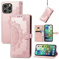 Dteck for Apple iPhone 16 Wallet Case with Card Holder,Shockproof PU Leather Kickstand Card Slots Case,Embossed Floral Cover with Hand Strap for iPhone 16 ,Rosegold