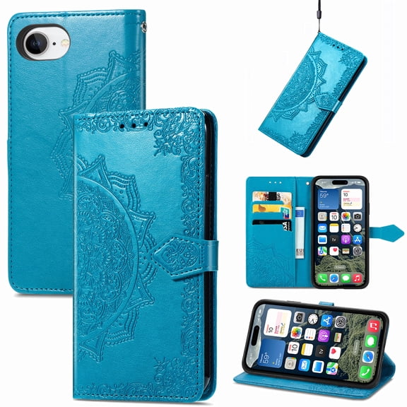 Dteck for Apple iPhone 16E 2025 Released Wallet Case with Card Holder, Shockproof PU Leather Kickstand Card Slots Case, Embossed Floral Cover with Hand Strap, Blue