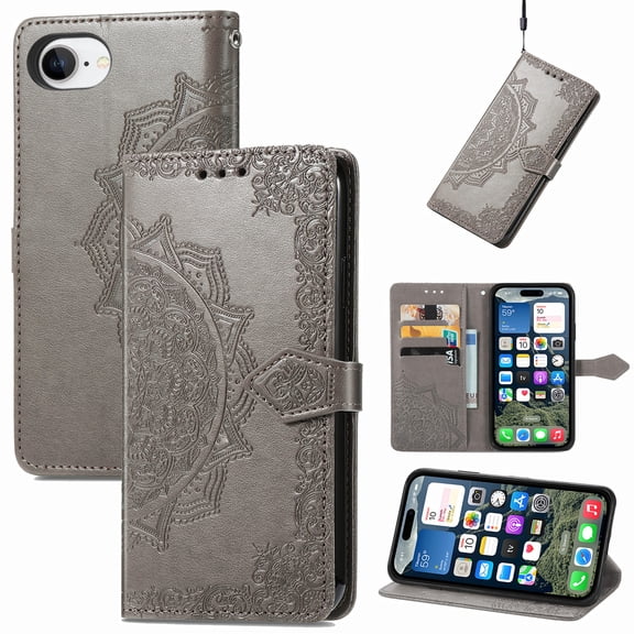 Dteck for Apple iPhone 16E 2025 Released Wallet Case with Card Holder, Shockproof PU Leather Kickstand Card Slots Case, Embossed Floral Cover with Hand Strap, Gray