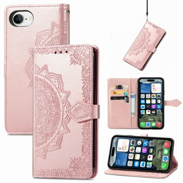 Dteck for Apple iPhone 16E 2025 Released Wallet Case with Card Holder, Shockproof PU Leather Kickstand Card Slots Case, Embossed Floral Cover with Hand Strap, Rosegold