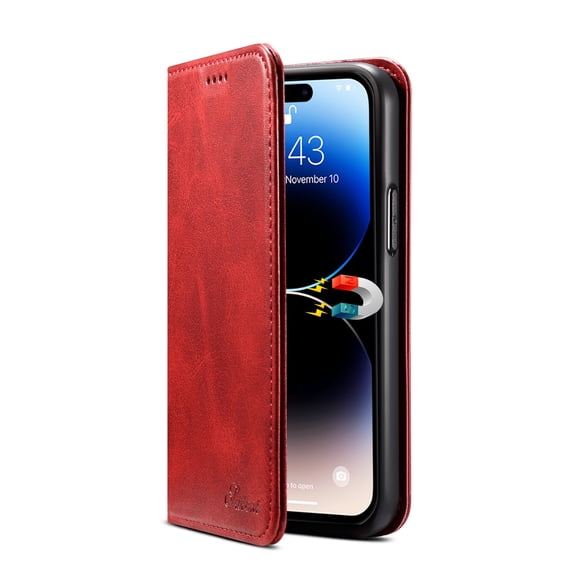 Dteck for Apple iPhone 16E (2025), Shockproof Flip Wallet PU Leather Magnetic Protective Cover with RFID Blocking 3 Card Slots Stand TPU Interior Case, Red