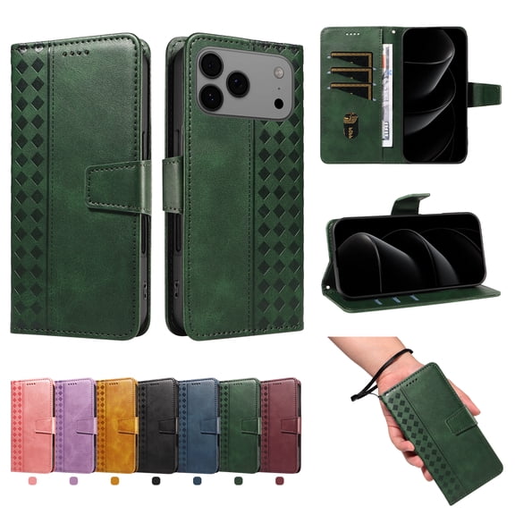 Dteck For Apple iPhone 17 Pro Flip PU Leather Case with Cash Slot Credit Card Slot Shock-Absorbent Lightweight TPU Basic Protective Case Cover with Wrist Strap and Card Pocket,Darkgreen