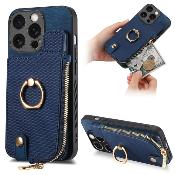 Dteck for Apple iPhone 6/6s Zipper Wallet Case, Shockproof with Card Holders Flip Premium PU Leather Card Slots with 360°Rotation Ring Stand Protective Phone Cover, blue