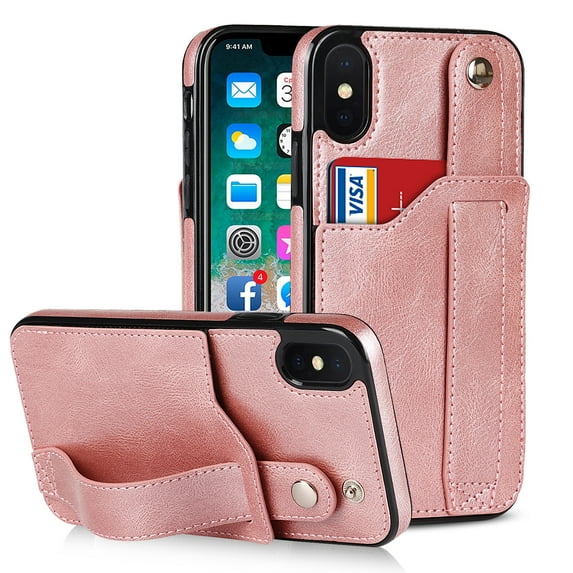 Dteck for Apple iPhone XS Max Slim Case, Shockproof Premium PU Leather Soft TPU Business Cover with Wrist Strap Kickstand Flip Stand Protection Case, rosegold