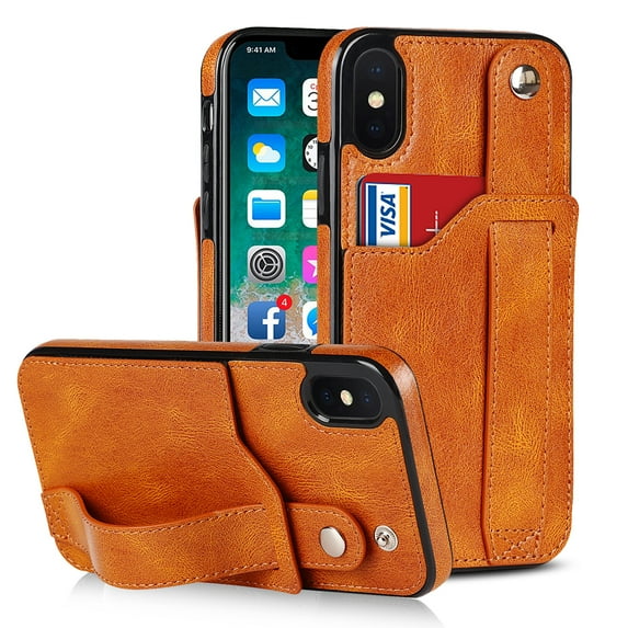 Dteck for Apple iPhone XS/X Slim Case, Shockproof Premium PU Leather Soft TPU Business Cover with Wrist Strap Kickstand Flip Stand Protection Case, khaki