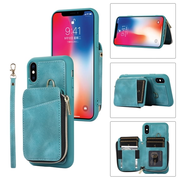 Dteck for Apple iPhone XS/X Zipper Wallet Case, Magnetic Clasp Zipper Purse PU Leather Wallet Case with Credit Card Slot Holder Back Flip Cover, green