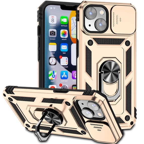 Dteck Armor Case for iPhone 14 Plus Stand Case with Slide Camera Cover Kickstand Military Grade Shockproof Heavy Duty Protective Magnetic Case for iPhone 14 Plus 6.7-inch,Gold