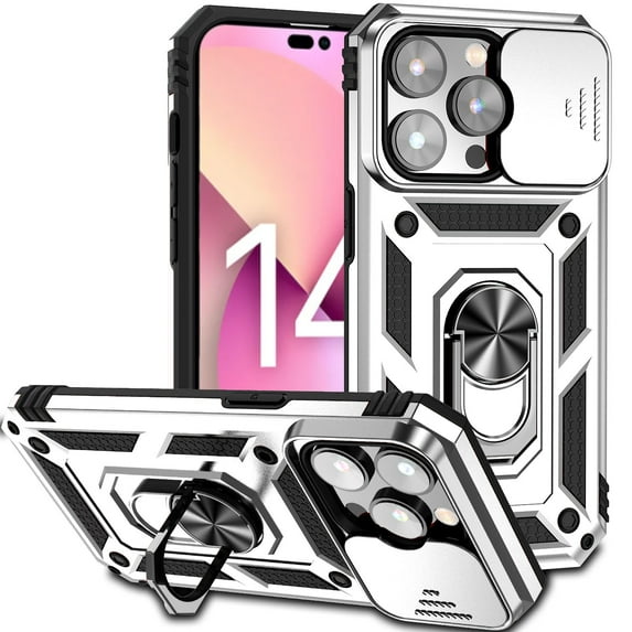 Dteck Armor Case for iPhone 14 Pro Max Stand Case with Slide Camera Cover Kickstand Military Grade Shockproof Heavy Duty Protective Magnetic Case for iPhone 14 Pro Max 6.7-inch,Silver