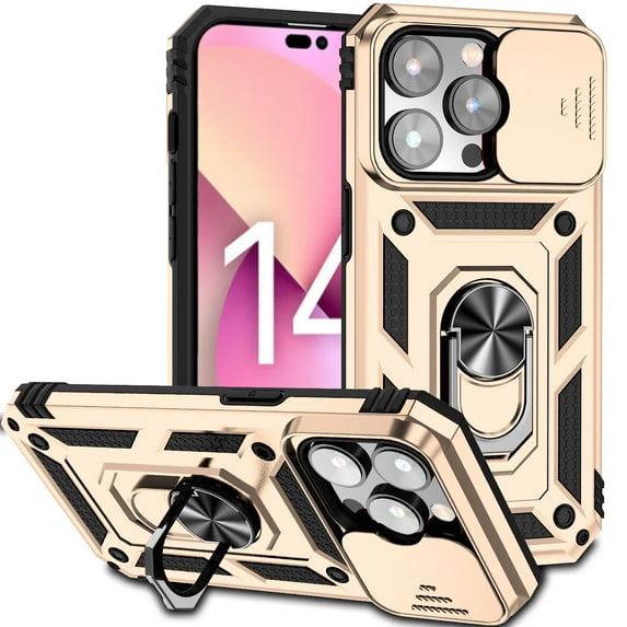 Dteck Armor Case for iPhone 14 Pro Stand Case with Slide Camera Cover Kickstand Military Grade Shockproof Heavy Duty Protective Magnetic Case for iPhone 14 Pro 6.1-inch,Gold